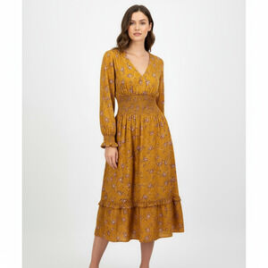 Outerknown Womens Midi Dress Mustard Yellow Floral Smocked Waist Boho Tiered MED